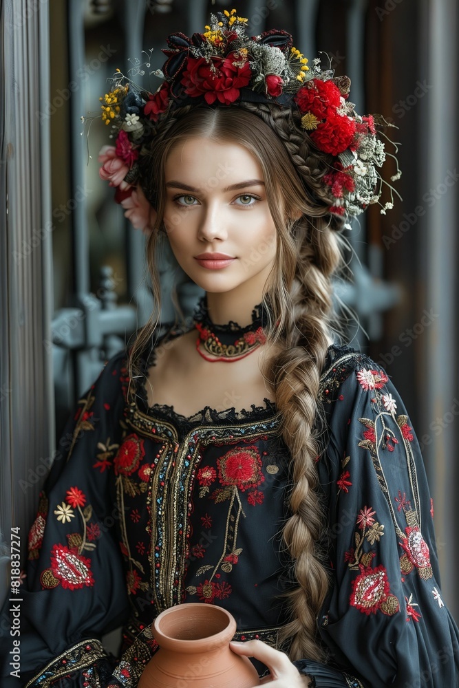 A beautiful woman in a black dress with flowers. A beautiful woman in a black dress with flowers.