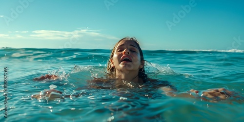 A woman is swimming in the ocean with her mouth open. © VISUAL BACKGROUND