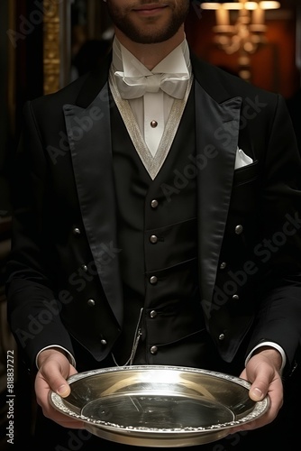A man in a black tuxedo holding a silver tray.