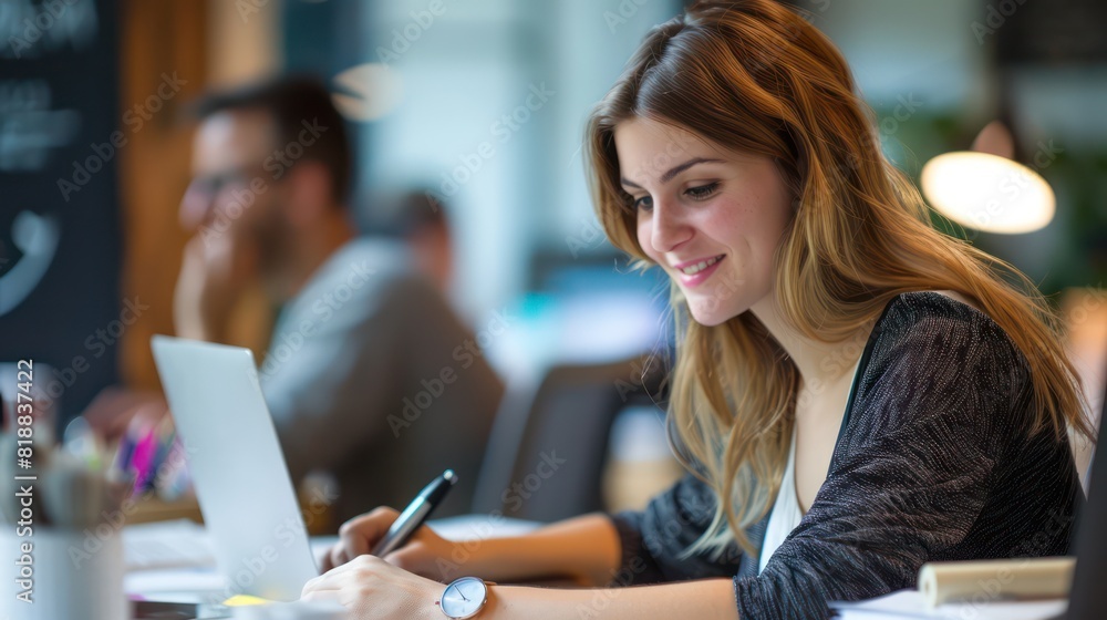 A cheerful young woman with a pen in hand focuses on her laptop screen while working in a light-filled office environment A cheerful young woman with a pen in hand focuses on her laptop screen while working in a light-filled office environment