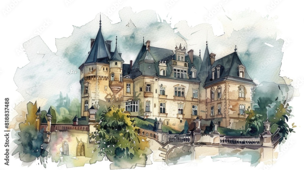  Beautiful stock illustration with watercolor hand drawn castle palace mansion old European building