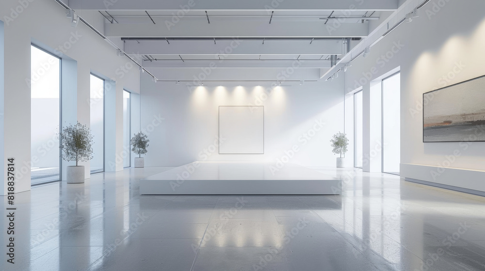 Sleek, modern showroom with white walls and stylish podium Sleek, modern showroom with white walls and stylish podium
