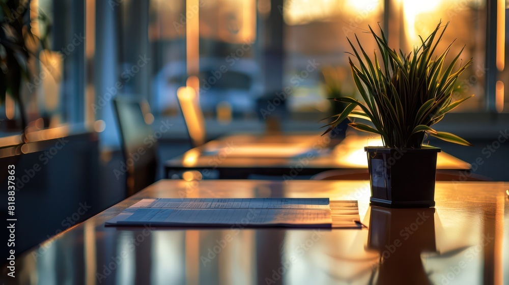 An indoor image capturing a serene cafe environment with sunlight filtering through, highlighting a potted plant on a table with papers An indoor image capturing a serene cafe environment with sunlight filtering through, highlighting a potted plant on a table with papers