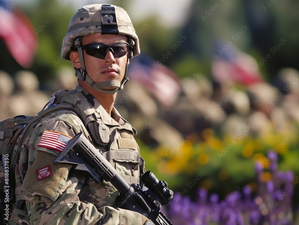 A soldier in uniform with sunglasses and a rifle. A soldier in uniform with sunglasses and a rifle.