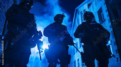 Tactical Law Enforcement Team Conducting Covert Urban Raid in the Dead of Night
