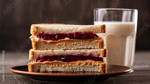 Classic peanut butter and jelly sandwich on sliced white bread, served with a glass of milk photo