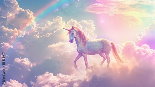 Beautiful unicorn walking on clouds and rainbow background