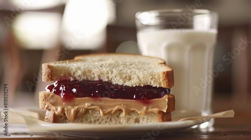 Classic peanut butter and jelly sandwich on sliced white bread, served with a glass of milk photo