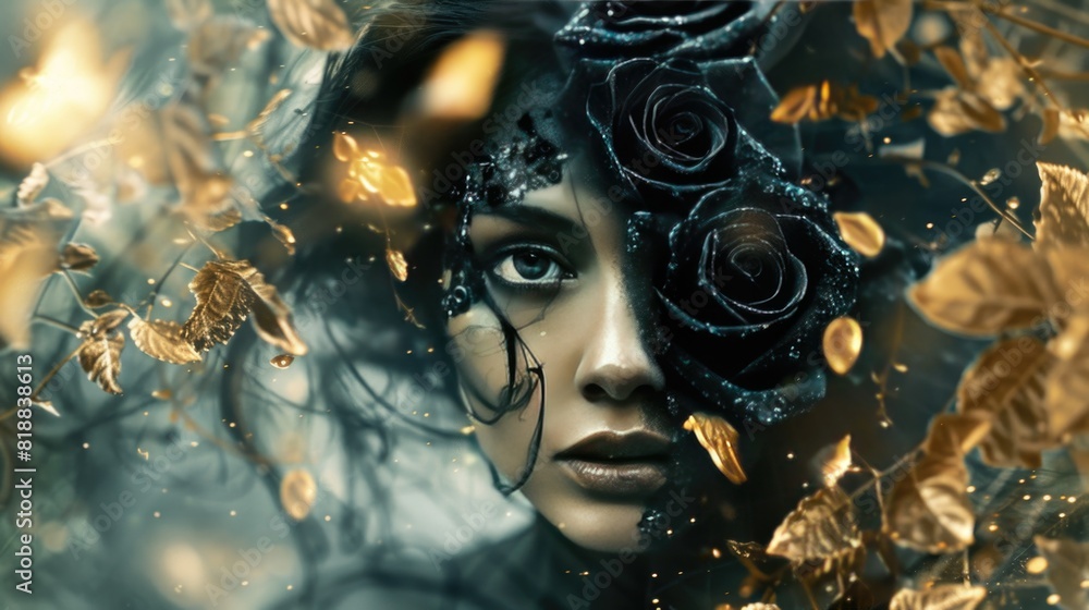 Beautiful woman face covered with black rose, Gold laves in double exposure with blurry background. Beautiful woman face covered with black rose, Gold laves in double exposure with blurry background.