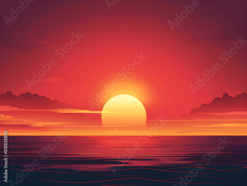 Stunning Sunset Over Serene Ocean  Vibrant Hues of Orange  Red  and Purple Reflecting on Gentle Waves Creating Tranquil and Picturesque Scene with Streaky Clouds at Twilight