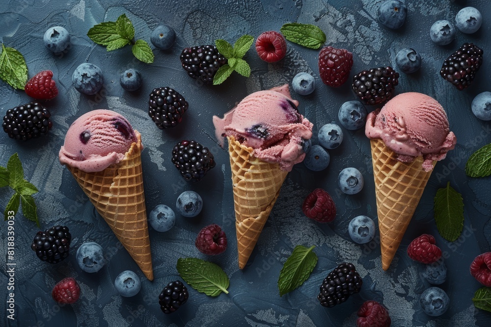 Dark background, three ice cream cones with broken pieces of dark pink and red fruit gelato on top, surrounded by fresh berries like blueberries or blackberries, mint leaves for decoration, top view