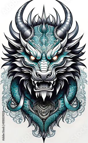 Vector illustration, tattoo template of Asian patterns and ornaments, Asian dragon, Asian patterns and ornaments, hand drawn sketch, background for smartphone, giclee for print and design photo