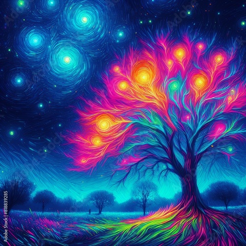 A Trees glowing with vibrant  neon colors at starry night Generative AI 