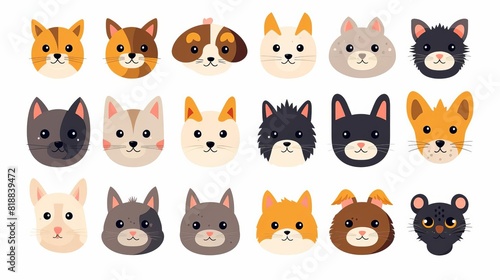 A collection of cute cartoon animal faces  showcasing various breeds of cats  dogs  and other pets  perfect for any design project.