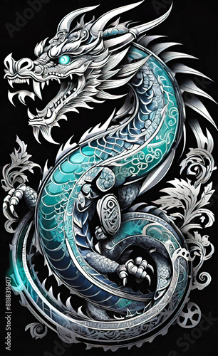 Vector illustration, tattoo template of Asian patterns and ornaments, Asian dragon, Asian patterns and ornaments, hand drawn sketch, background for smartphone, giclee for print and design