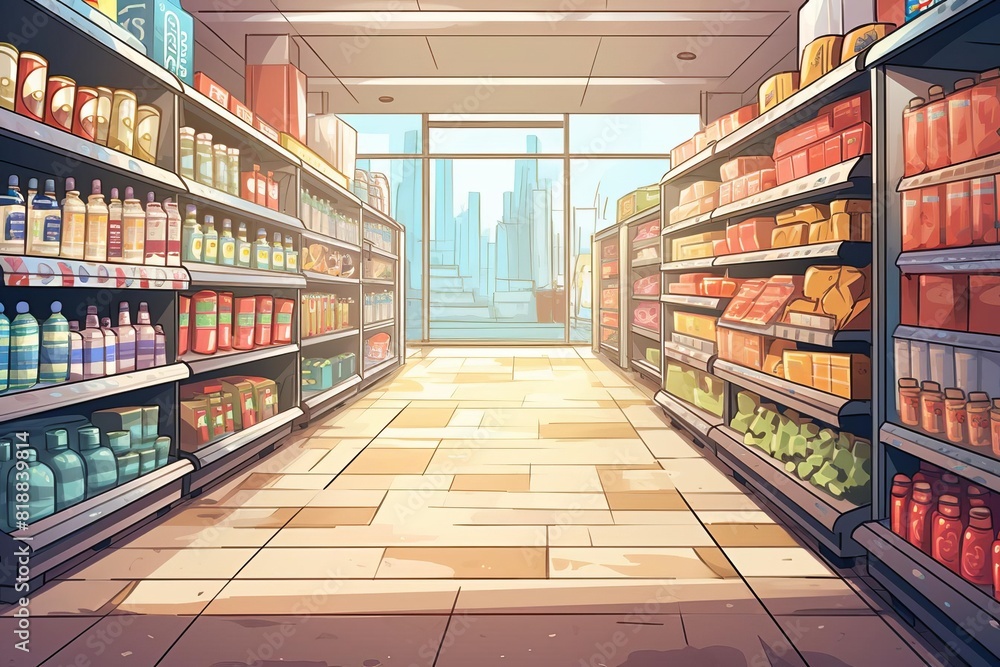 Bright and well-stocked aisle in a grocery store, showcasing various products on shelves with a cityscape view through the glass doors. Bright and well-stocked aisle in a grocery store, showcasing various products on shelves with a cityscape view through the glass doors.