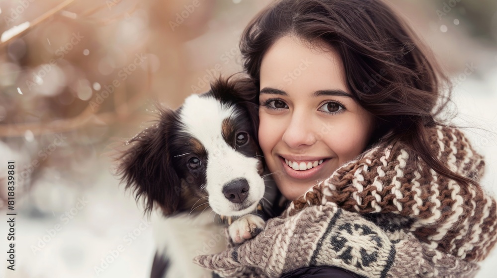 Beautiful young smiling brunette woman with cute dog puppy. Beautiful young smiling brunette woman with cute dog puppy.