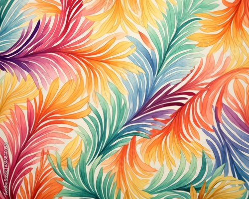 Colorful abstract feather pattern with vibrant shades of orange, red, green, and purple, perfect for textile design or wall art.