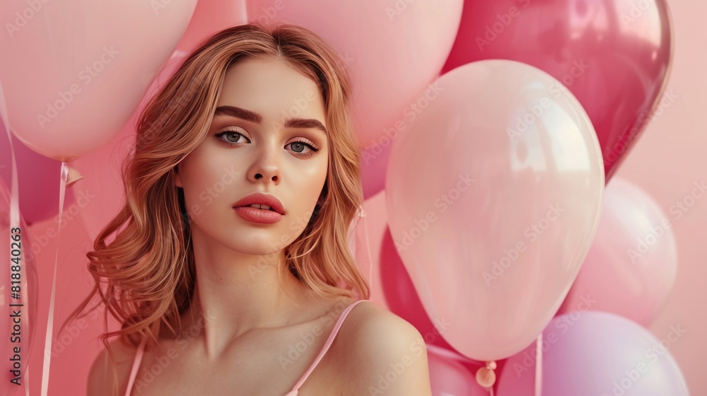 Beautiful young woman with balloons on a pink background. Beauty, fashion.