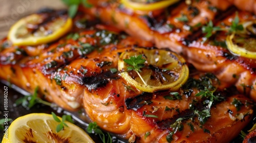 Close-up of a juicy grilled salmon steak garnished with lemon slices and fresh herbs