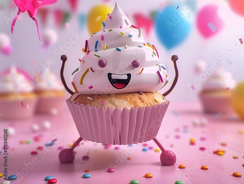 Smiling Cupcake Wrapper Dancing Merrily at a Festive Birthday Party