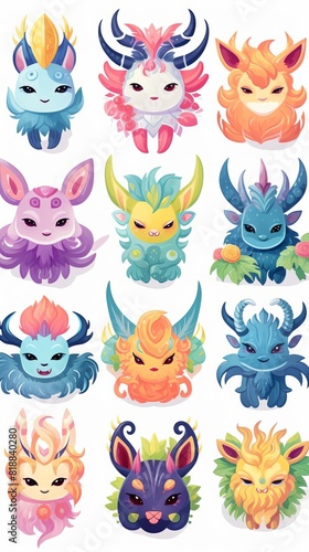 Colorful digital art depicting twelve fantasy creatures with unique designs against a white background. Perfect for creative projects and designs.