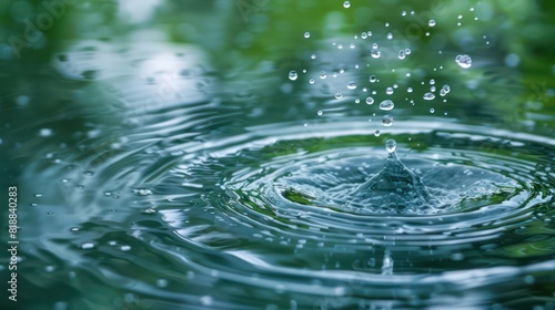 A close-up image capturing the dynamic moment of a water droplet impact on a still water surface  creating symmetrical ripples