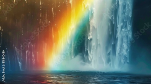Close-up of a rainbow appearing over a waterfall  creating a mesmerizing sight
