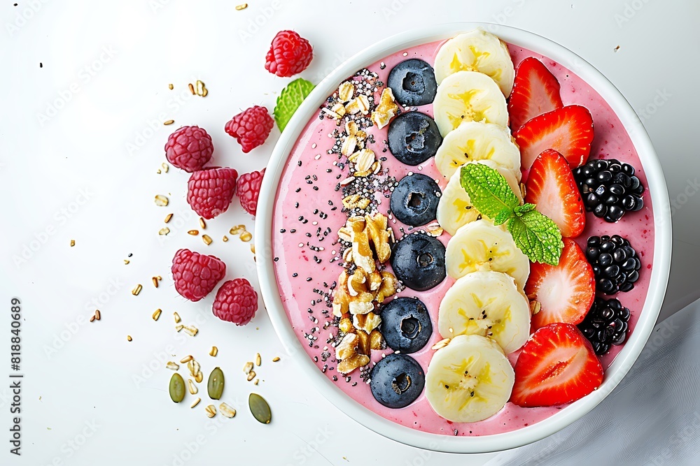 Colorful and Vibrant Smoothie Bowl with Fresh Fruits, Nuts, and Seeds on White Background Colorful and Vibrant Smoothie Bowl with Fresh Fruits, Nuts, and Seeds on White Background