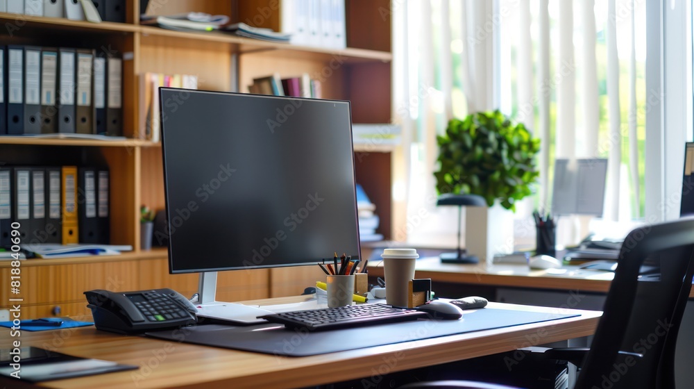 An organized workspace with a modern computer screen, coffee cup, and office supplies on a desk An organized workspace with a modern computer screen, coffee cup, and office supplies on a desk