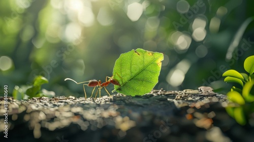 Close-up of a single ant carrying a leaf in a natural setting © Plaifah