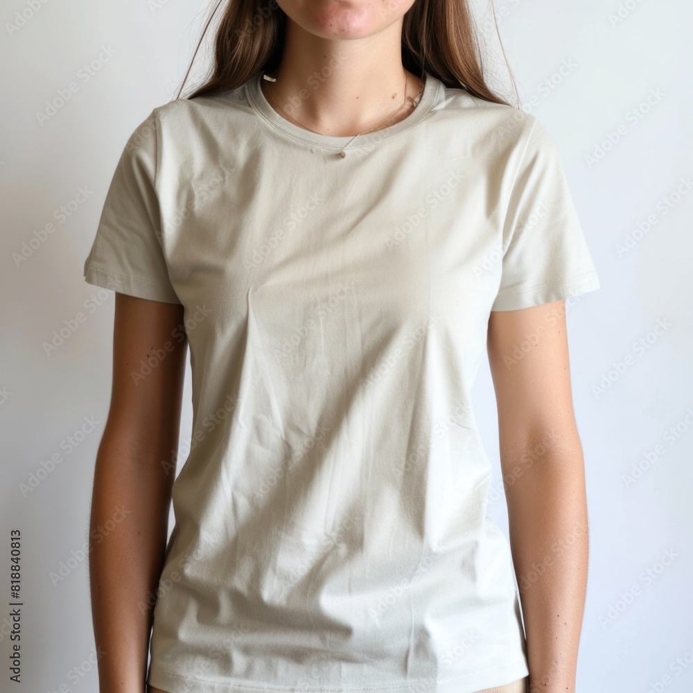 Beige t-shirt with a round neckline, solid color, white background. Beige t-shirt with a round neckline, solid color, white background.