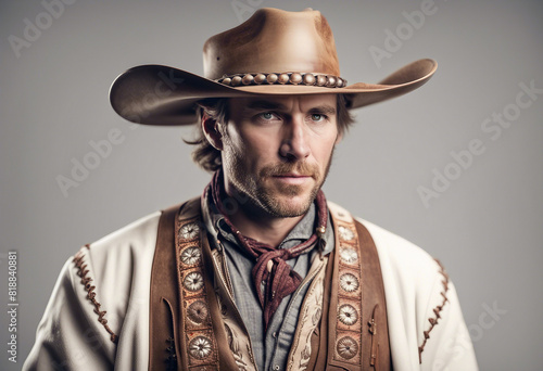 American cowboy in traditional clothes, isolated white background 