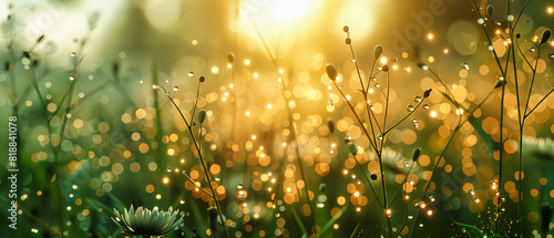 Morning Dew on Grass with Sunlight Creating a Soft Glow, Fresh and Invigorating Start to the Day