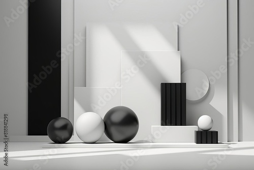 Modern minimalist geometric composition with black and white spheres and blocks  showcasing clean lines and shadows in a bright setting.
