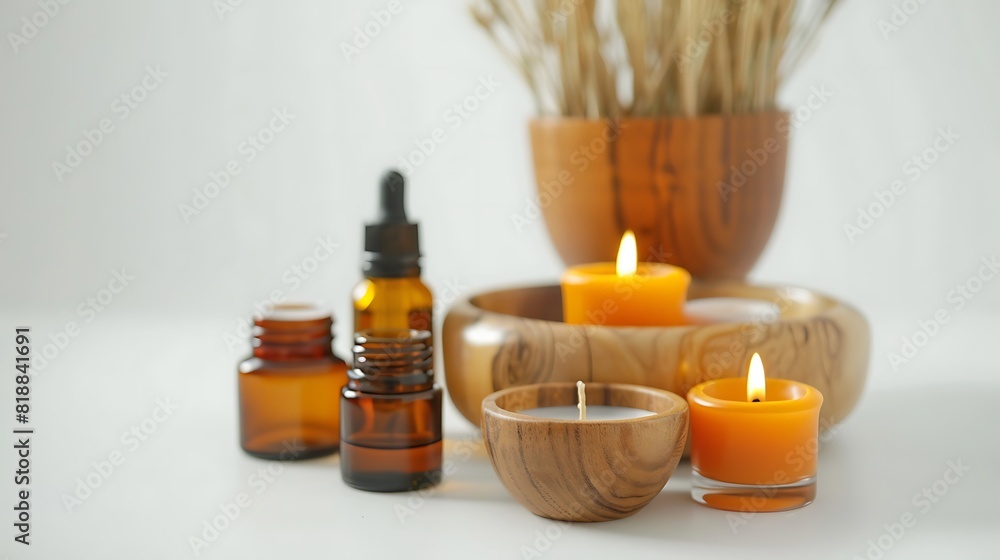 Tranquil Aromatherapy Wellness: Essential Oil Bottles and Candles on White Background Tranquil Aromatherapy Wellness: Essential Oil Bottles and Candles on White Background