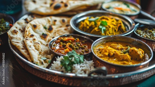 Close-up of a traditional thali with a variety of Indian dishes and bread
