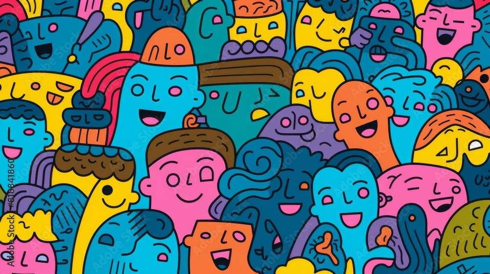 Vibrant, colorful illustration of diverse, quirky faces in a lively, playful style, showcasing creativity and unique character designs.