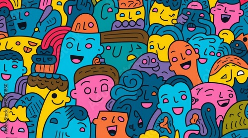 Vibrant  colorful illustration of diverse  quirky faces in a lively  playful style  showcasing creativity and unique character designs.