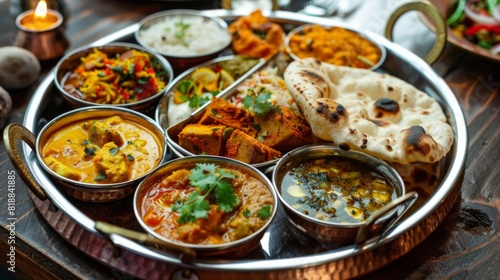 Close-up of a traditional thali with a variety of Indian dishes and bread
