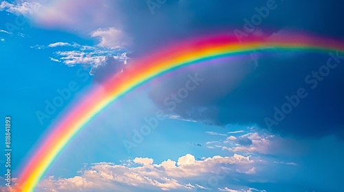 Close-up of a vibrant rainbow stretching across the sky after a summer rainstorm