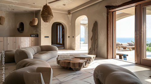 Main Living Room in a Cretan Island Home with Natural Materials and Earthy Tones  Highlighting Traditional Architecture and Relaxing Ambiance