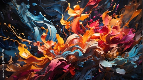 A stunning array of vivid tones, cascading and colliding in a dazzling display of energy and movement, set against a backdrop of deep, inky shadows. photo