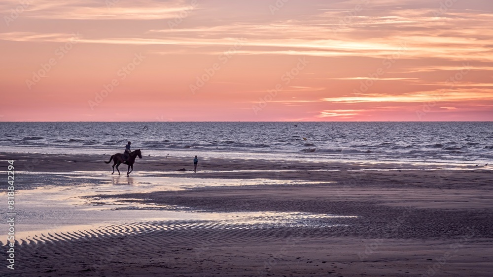 Individuals horseback riding along the sandy beach during a picturesque sunset Individuals horseback riding along the sandy beach during a picturesque sunset