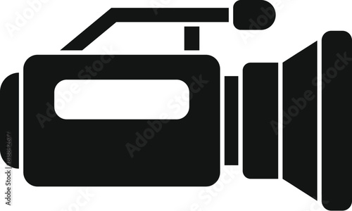 Professional video camera icon for media, equipment, filming, and videography industry with black and white silhouette graphic illustration
