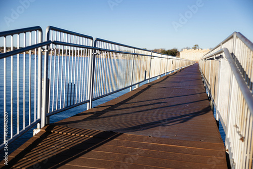 Dock on a cold morning at Lake Granbury at a small beach near the downtown square photo