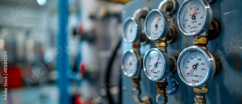 Control panel in a manufacturing plant with pressure gauges and control switches