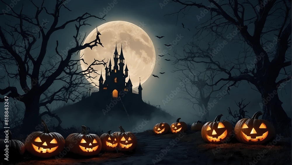 The halloween atmosphere is carefully displayed, showing the silhouette of the witch's castle, the creepy halloween pumpkin, the silhouette of a tree without leaves, the big moon, the night fog The halloween atmosphere is carefully displayed, showing the silhouette of the witch's castle, the creepy halloween pumpkin, the silhouette of a tree without leaves, the big moon, the night fog