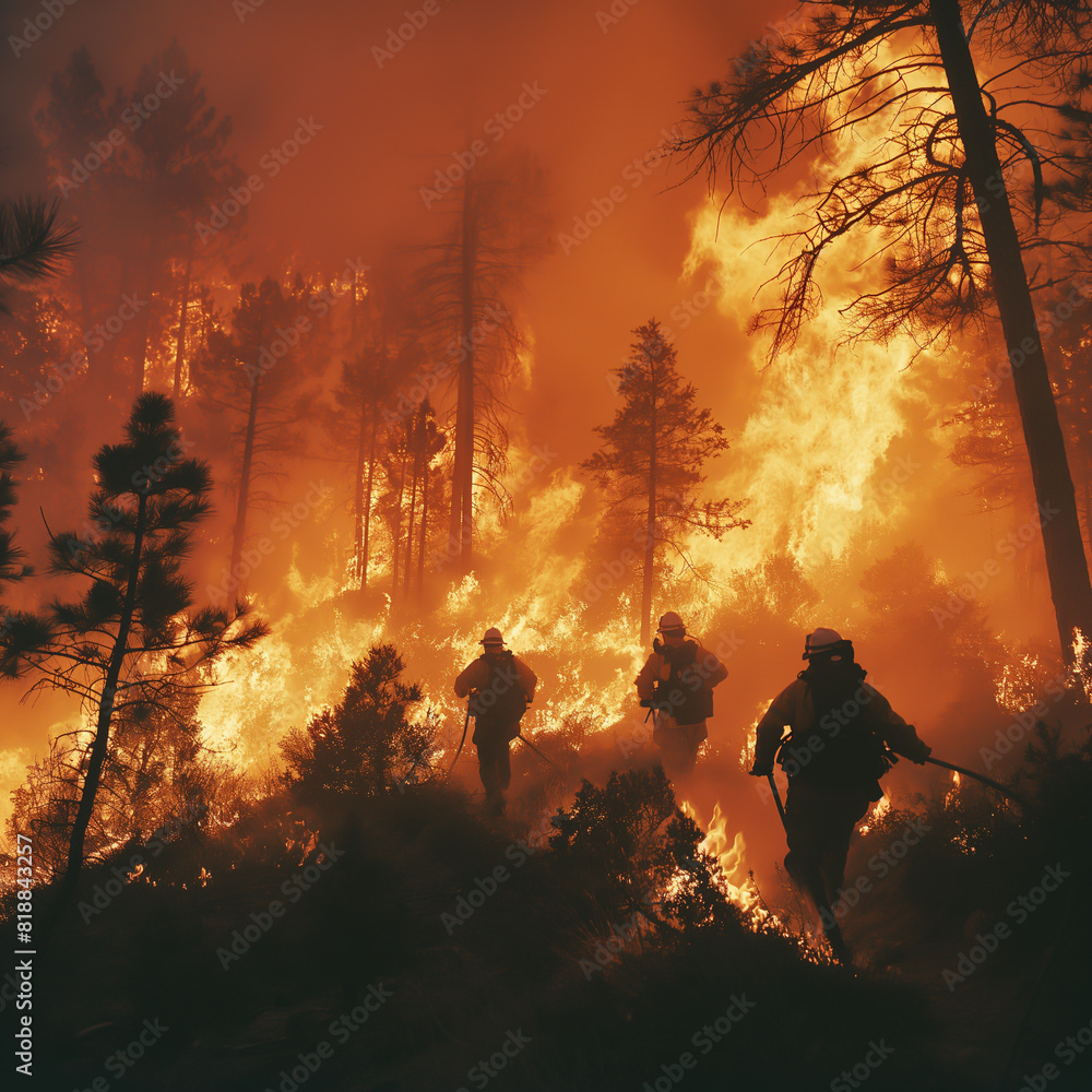 Image of firefighters fighting a forest fire. Depicts dangers and challenges. faced during emergency operations Protecting lives, homes and the environment from the catastrophic effects of wildfires