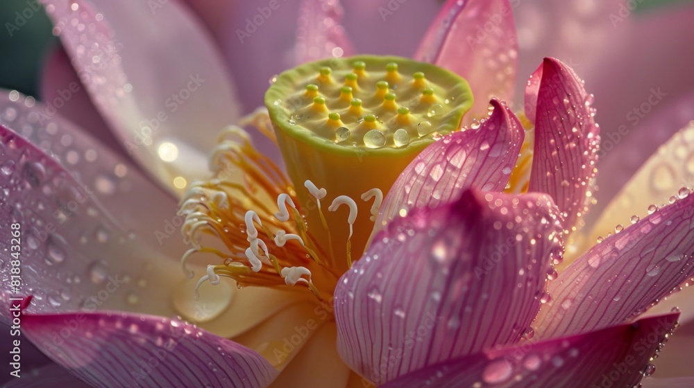 Close-up of dew drops clinging to the delicate stamen of a blooming lotus flower
